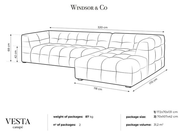 Bež žametna kotna sedežna garnitura Windsor & Co Sofas Vesta, kotna zofa, desni kot