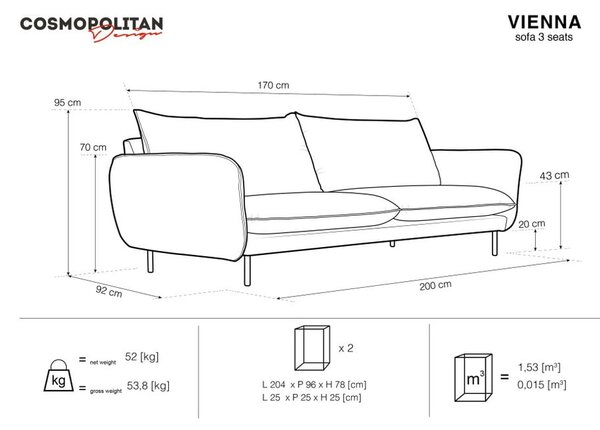 Svetlo siv žameten kavč Cosmopolitan Design Vienna, 200 cm