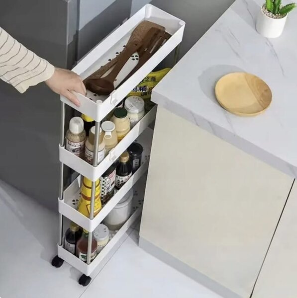Mobilni kopalniški regal na kolesih 91cm 4 police inox bel