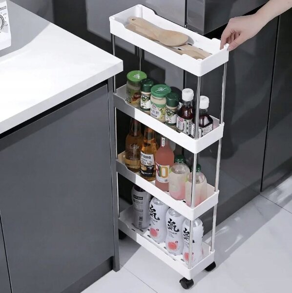 Mobilni kopalniški regal na kolesih 91cm 4 police inox bel