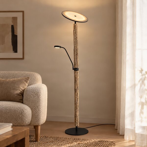 Lucande LED-stoječa svetilka Woodland, 180 cm, les, svetloba za branje, zatemnjen, Les, Dnevna soba / jedilnica, Les, Sodobni