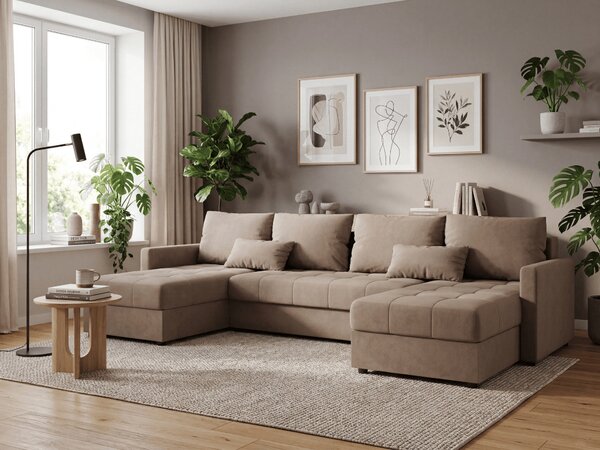 AKCIJA Raztegljiva sedežna garnitura v obliki U VENORIA 285x146 cm, bež + 2 blazini GRATIS II. kakovost