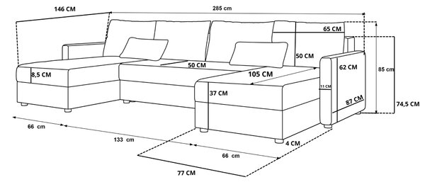 AKCIJA Raztegljiva sedežna garnitura v obliki U VENORIA 285x146 cm, bež + 2 blazini GRATIS II. kakovost