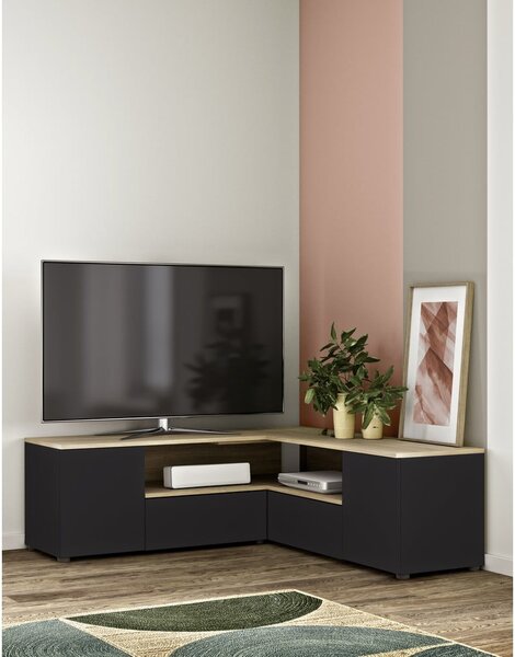 Črna/naravna TV omarica v hrastovem dekorju 130x46 cm Angle – TemaHome