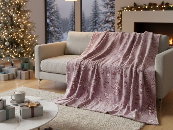 Svetleča božična mikropliš odeja PAINTY CHRISTMAS, vinska rdeča Dimenzije: 150 x 200 cm