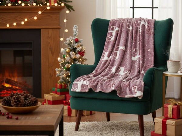 Svetleča božična mikro plišasta odeja STAR DEER, rdeča Dimenzije: 150 x 200 cm