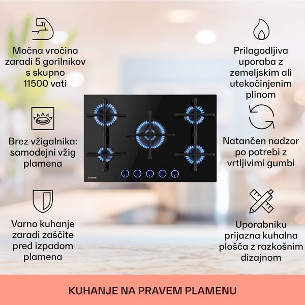 Klarstein Illuminosa 5 plinska kuhalna plošča, 5 gorilnikov Sabaf, steklokeramična
