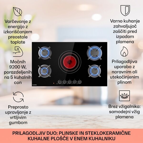 Klarstein MultiChef 5, kombinirana plinska kuhalna plošča, plinsko/steklokeramična, 5 con