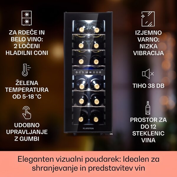 Klarstein Shiraz 12 Duo vinska hladilnik 2 coni 42L/12 steklenic 5-12 / 12-18 °C Touch