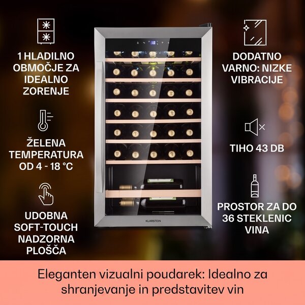 Klarstein Vinamour 32 Uno, vinoteka, 1 cona, 95 l / 36 steklenic, 4-18 °C, upravljanje na dotik