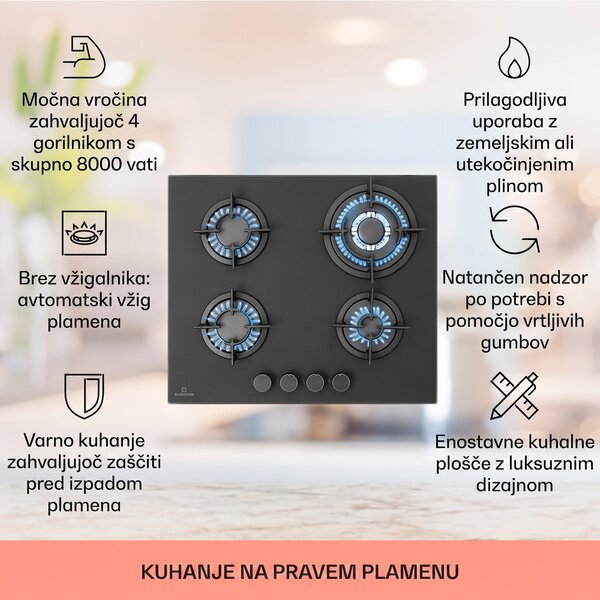 Klarstein Firetale plinska kuhalna plošča 4-plamen 60 cm aluminijasti gorilniki vključno s cevjo in regulatorjem tlaka