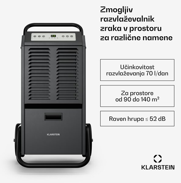 Klarstein DuraDry 70L razvlaževalnik zraka, 70 l/dan, 90-140 m², nerjaveče jeklo, mobilen, 450 m³/h