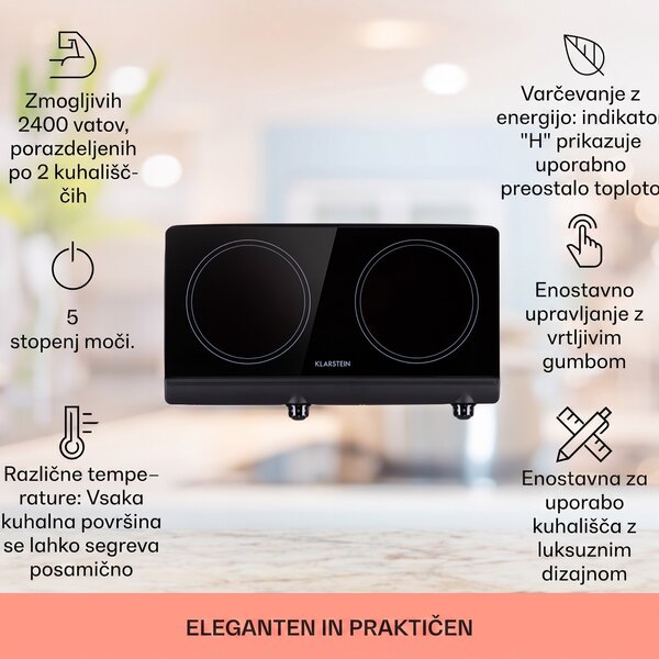 Klarstein Cookbuddy, dvojna kuhalna plošča, 2400 W, 5 stopenj moči, steklokeramika