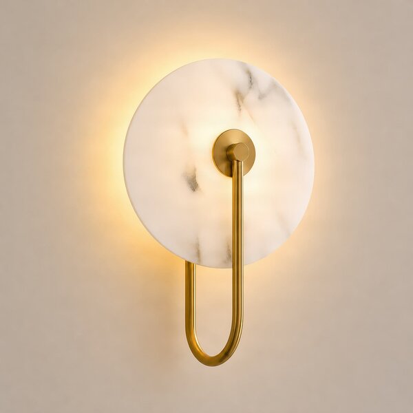 Lucande LED-stenna svetilka Ruma, medenina, alabaster, stopnjevalno, zatemnjen, Bela, Dnevna soba / jedilnica, Mavec/glina, Dizajn