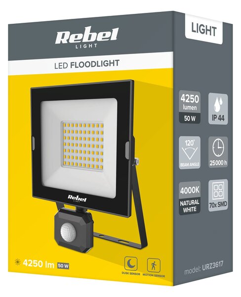 50W zunanji LED reflektor črn 4000K IP44 s senzorjem gibanja - 1463416