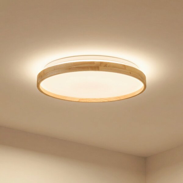 Lindby Smart LED stropna svetilka Mirren les Ø39,5cm CCT Tuya, zatemnjen, Les, Dnevna soba / jedilnica, Plastika, Sodobni