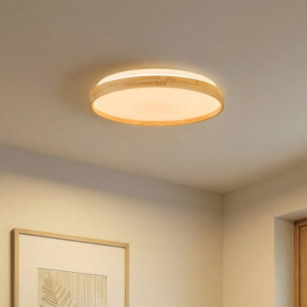 Lindby Smart LED stropna svetilka Mirren les Ø39,5cm CCT Tuya, zatemnjen, Les, Dnevna soba / jedilnica, Plastika, Sodobni
