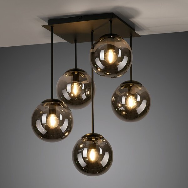 JUST LIGHT. GmbH Stropna svetilka Big Widow, steklene krogle, pet plamenov, zatemnjen, Črna, Dnevna soba / jedilnica, Kovina, Sodobni, Strop z več plameni