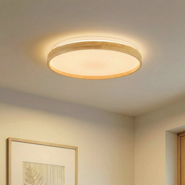 Lindby Smart LED stropna svetilka Mirren les Ø49,5cm CCT Tuya, zatemnjen, Les, Dnevna soba / jedilnica, Plastika, Sodobni