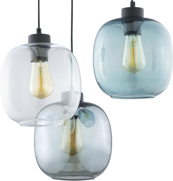 TK Lighting Elio viseča svetilka, steklo, modra/čista/siva, Ø 52 cm, 3-svetlobna, zatemnjen, Prozorna, Dnevna soba / jedilnica, Steklo, Sodobni