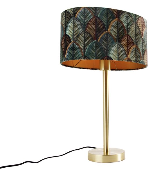 Namizna svetilka medenina z ovalnim žametnim senčilom z motivom listov 35 cm - Simplo
