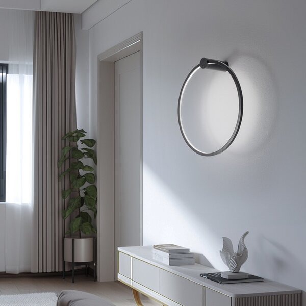 Milagro Lighting LED stenska svetilka Saturno, črna, Ø 50 cm, kovina, 4.000 K, Črna, Dnevna soba / jedilnica, Aluminij, Sodobni