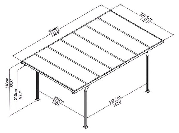 Nadstrešek Verona (500 x 297 x 218 cm, aluminijska konstrukcija, polikarbonatna streha, talna površina: 14,4 m2)