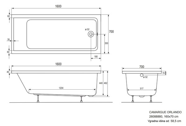 Kopalna kad Camargue Orlando (160 x 70 cm, 211 l, akril)