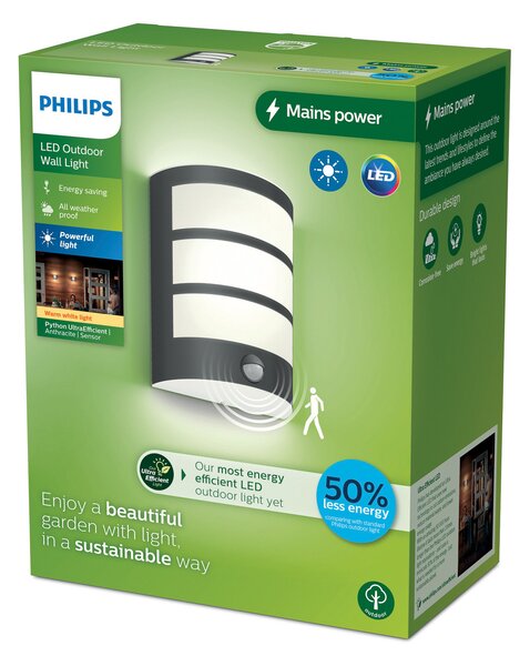 Philips Philipsova zunanja stenska svetilka LED Python UE, antracit, senzor, Črna, Nerjaveče jeklo, Sodobni
