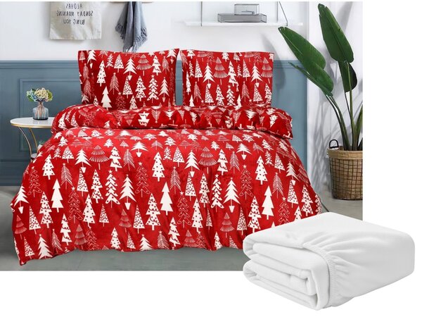 Set posteljnine mikropliš CHRISTMAS TREES rdeče + rjuha mikropliš SOFT 180x200 cm bele, zakonska postelja