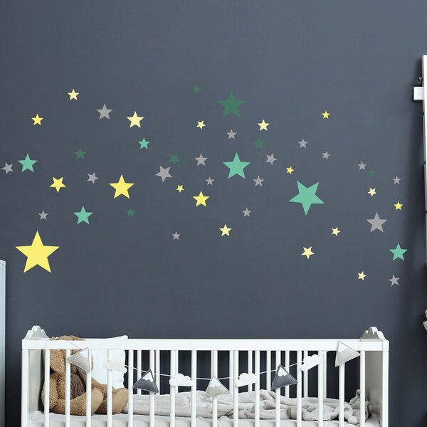 Komplet 50 stenskih nalepk Ambiance Stars Green and Yellow