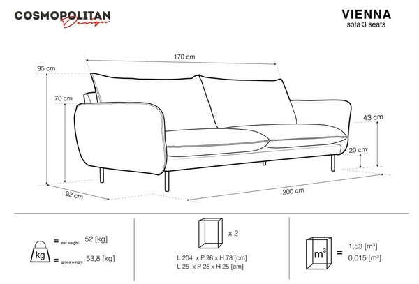 Modri žametni kavč 200 cm Vienna - Cosmopolitan Design