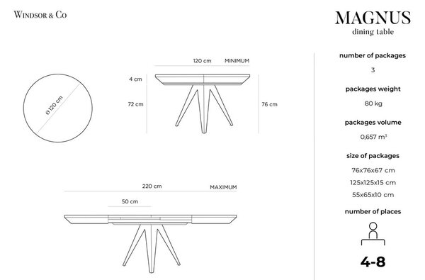 Raztegljiva miza s črnimi kovinskimi nogami Windsor & Co Sofas Magnus, ø 120 cm