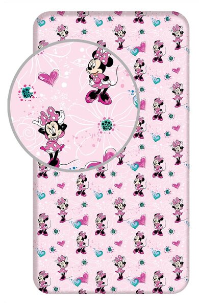 Rožnata napenjalna bombažna otroška rjuha 90x200 cm Minnie "Flowers" – Jerry Fabrics