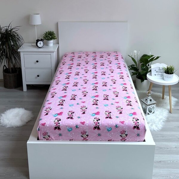 Rožnata napenjalna bombažna otroška rjuha 90x200 cm Minnie "Flowers" – Jerry Fabrics