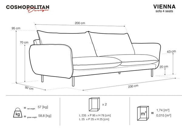 Temno siv žameten kavč Cosmopolitan Design Vienna, 230 cm