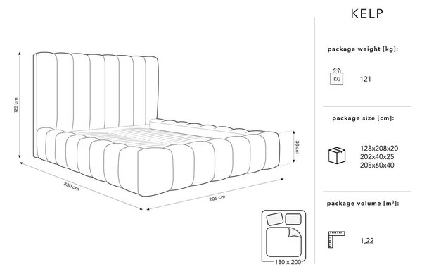 Siva oblazinjena zakonska postelja s prostorom za shranjevanje z letvenim dnom 180x200 cm Kelp - Micadoni Home