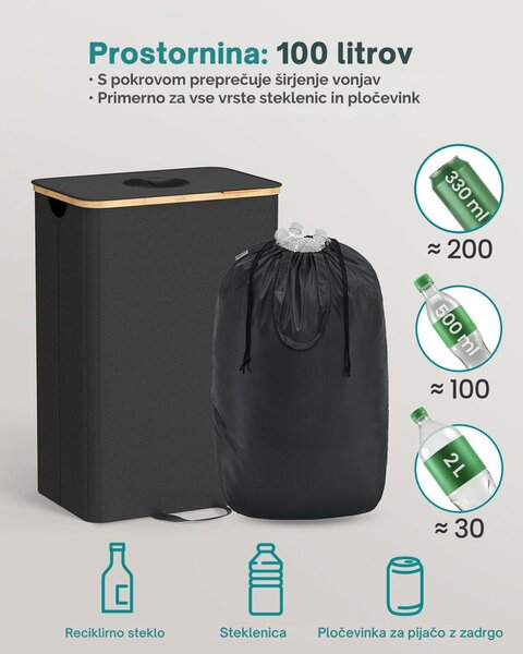 Koš za ločevanje steklenic in pločevink ECOVIA, 100l, črna/bež SongmicsHome