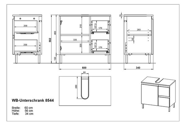 Temno siva omarica za pod umivalnik v hrastovem dekorju 60x56 cm Salinas - Germania