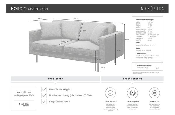 Siva sedežna garnitura 167 cm Kobo – MESONICA