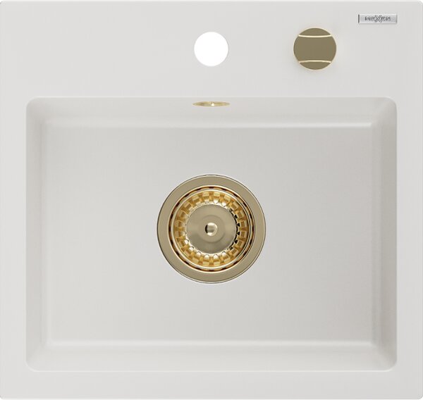 Mexen Milo granitno pomivalno korito z eno posodo 435 x 410 mm, belo, zlat odtok - 6505441000-20-G