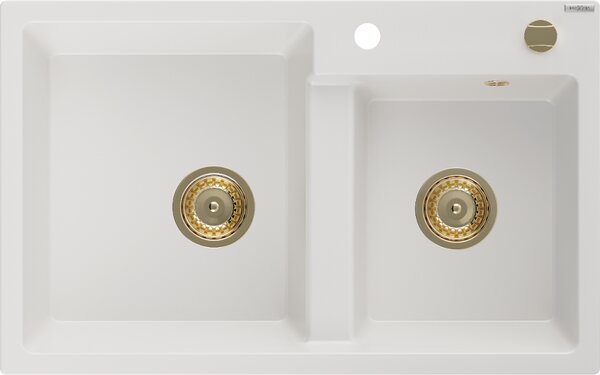 Mexen Tomas granitno pomivalno korito, 2-prekatno, 800 x 500 mm, belo, zlati sifon - 6516802000-20-G