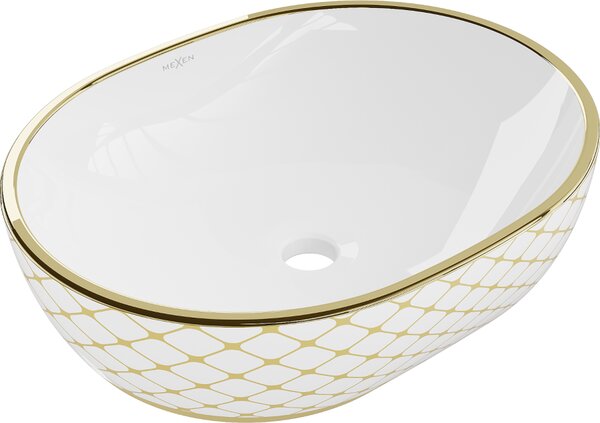 Mexen Viki pultna umivalniška skleda 48 x 35 cm, bela/zlata vzorec mreže - 21054809