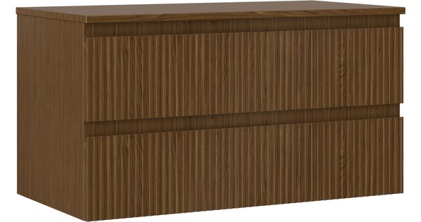 Mexen Rivel kopalniška omarica pod umivalnikom 90 cm z delovno ploščo, 2 predala, rebrasta, oreh - 91A20-09047-2-BFFC86