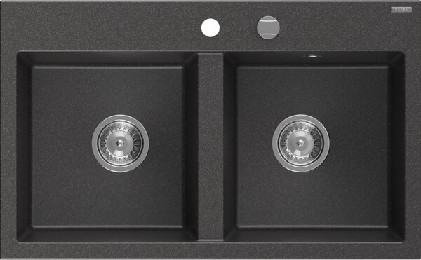 Mexen Hektor granitno pomivalno korito z dvema predeloma 800 x 480 mm, črno s pegami, kromiran sifon - 6521802000-76