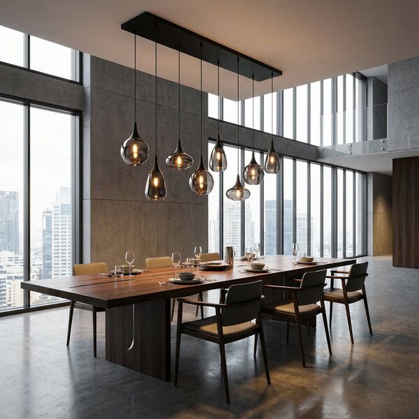 Trio Lighting Obesek Lumina, 8-svetlobni, črna/krom, steklo, zatemnjen, Črna, Dnevna soba / jedilnica, Steklo