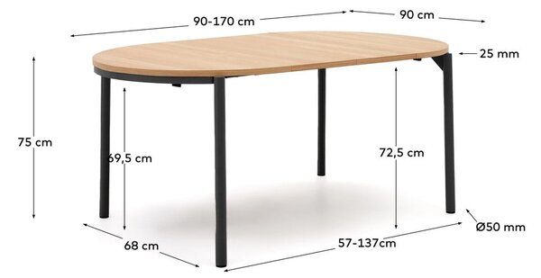 Okrogla raztegljiva jedilna miza z mizno ploščo v hrastovem dekorju ø 90 cm Montuiri – Kave Home