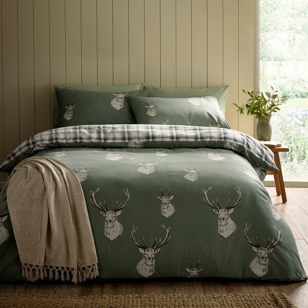 Zelena posteljnina za zakonsko posteljo 200x200 cm Stag Check – Catherine Lansfield