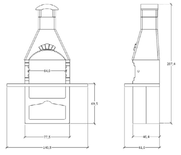 Betonski kamin Gast z nikljano rešetko (kurišče: 65 x 41 cm, delovna površina: 140,5 x 61 cm)