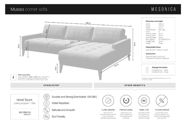 Temno siva žametna kotna zofa MESONICA Musso, desni kot